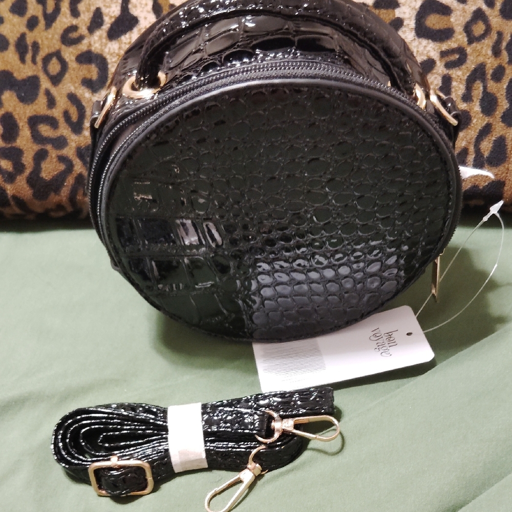 Black Crocodile-Embossed Round Bag with Detachable Shoulder Strap